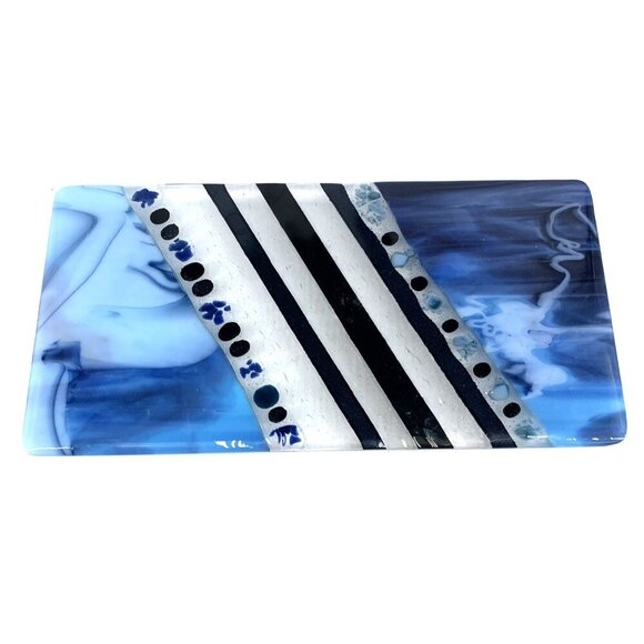 Dos Sirenas Fused Glass Plate Serving Tray Footed 12 x 6" Blue White Black 2016 - Picture 1 of 9